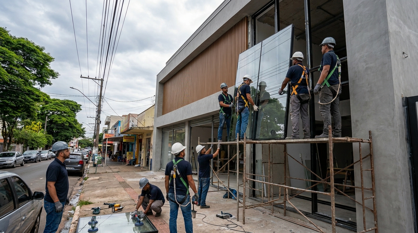 Fachada de vidro com andaime lateral em Maringá-PR