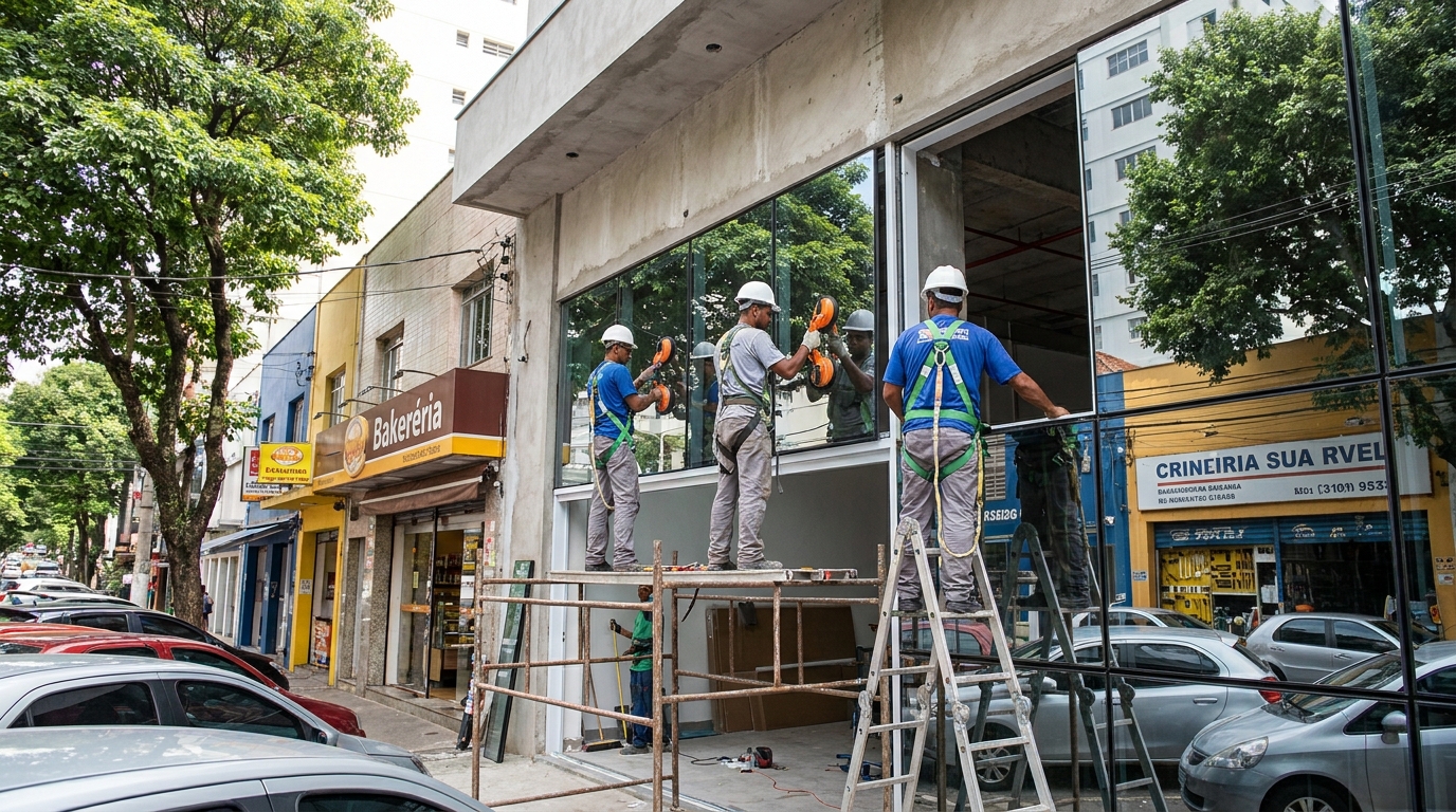 Fachada de vidro com confeitaria vizinha em Maringá-PR