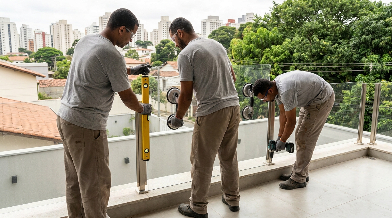 Guarda-corpo em terraço alto com vista cidade em Maringá-PR