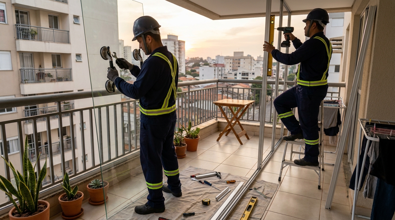 Instalação de parede de vidro em sacada em Maringá-PR